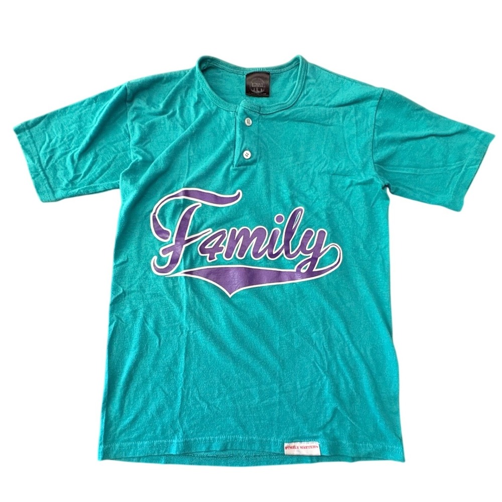 Family Matters Henley T-Shirt Size XS Teal Graphic 4 Short Sleeve Tee Streetwear